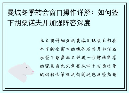曼城冬季转会窗口操作详解：如何签下胡桑诺夫并加强阵容深度